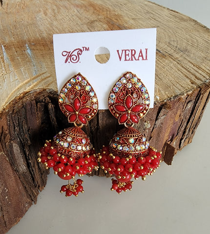 Red and Gold Jhumka (Earring) - Design 4