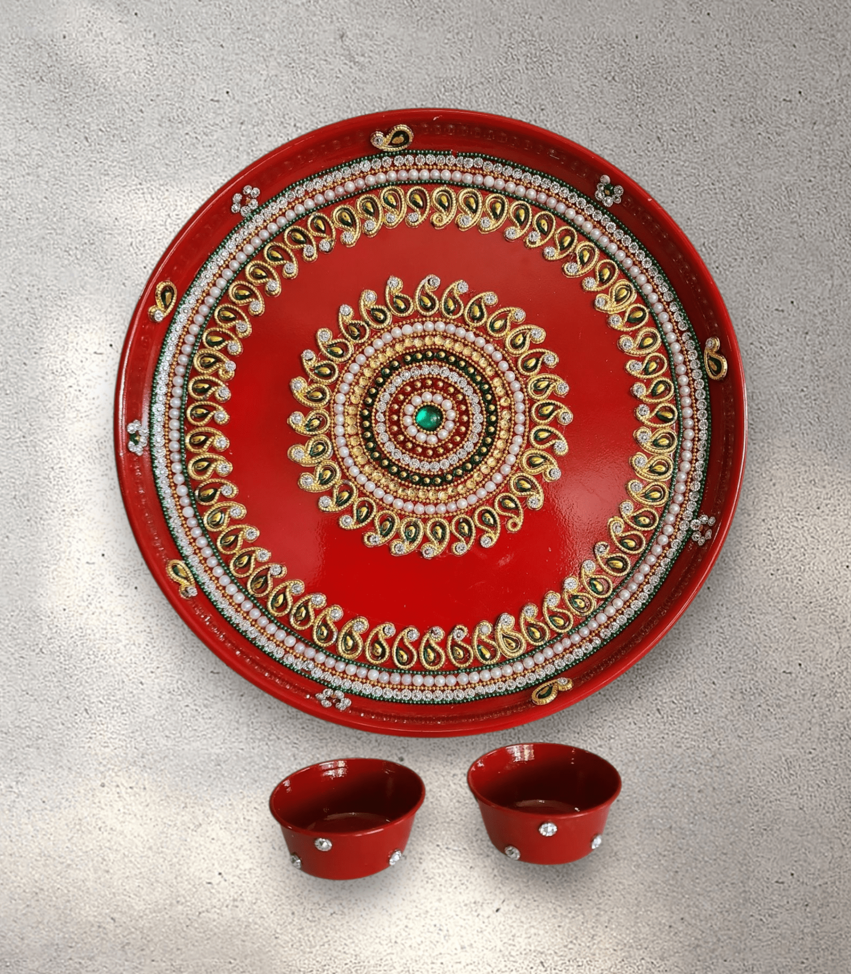 Red Stainless Steel Pooja Tray