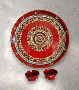 Red Stainless Steel Pooja Tray