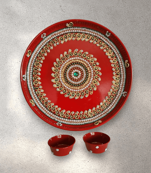Red Stainless Steel Pooja Tray