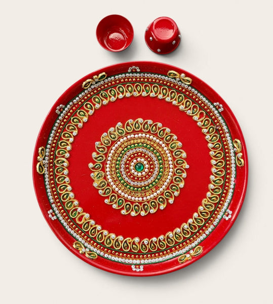Red Stainless Steel Pooja Tray