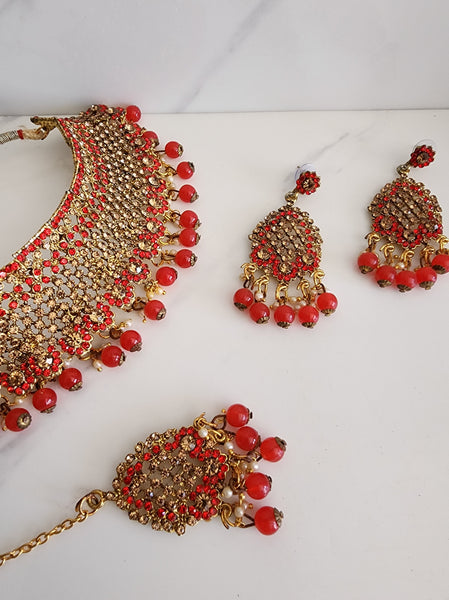 Red and Gold Choker Jewellery Set