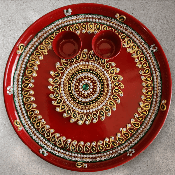 Red Stainless Steel Pooja Tray