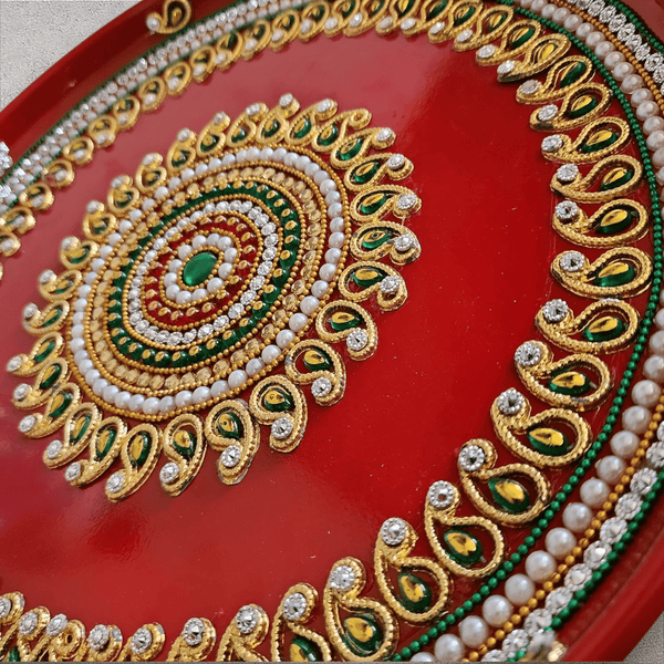 Red Stainless Steel Pooja Tray