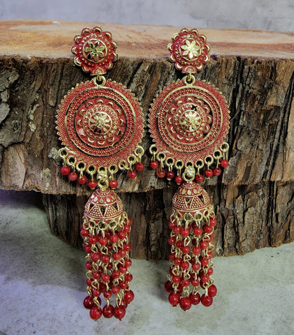Long Red Jhumka (Earring) - Design 1