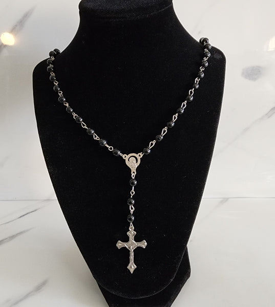 Black Gloss Bead Rosary with Cross