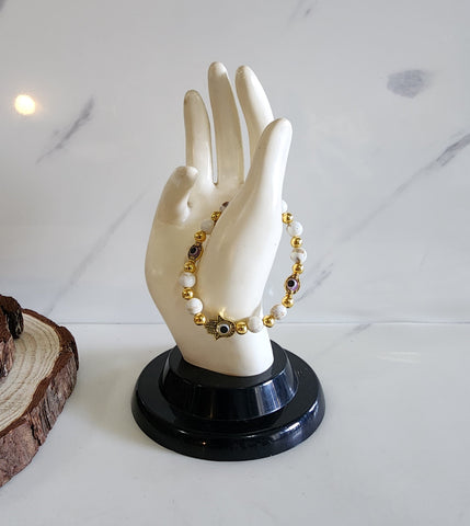 Gold and White Evil Eye Bracelet with Hamsa Hand