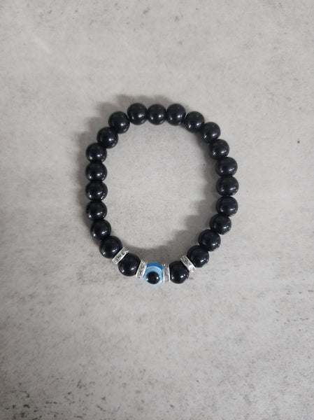 Black Bead Bracelet with Evil Eye - Blue