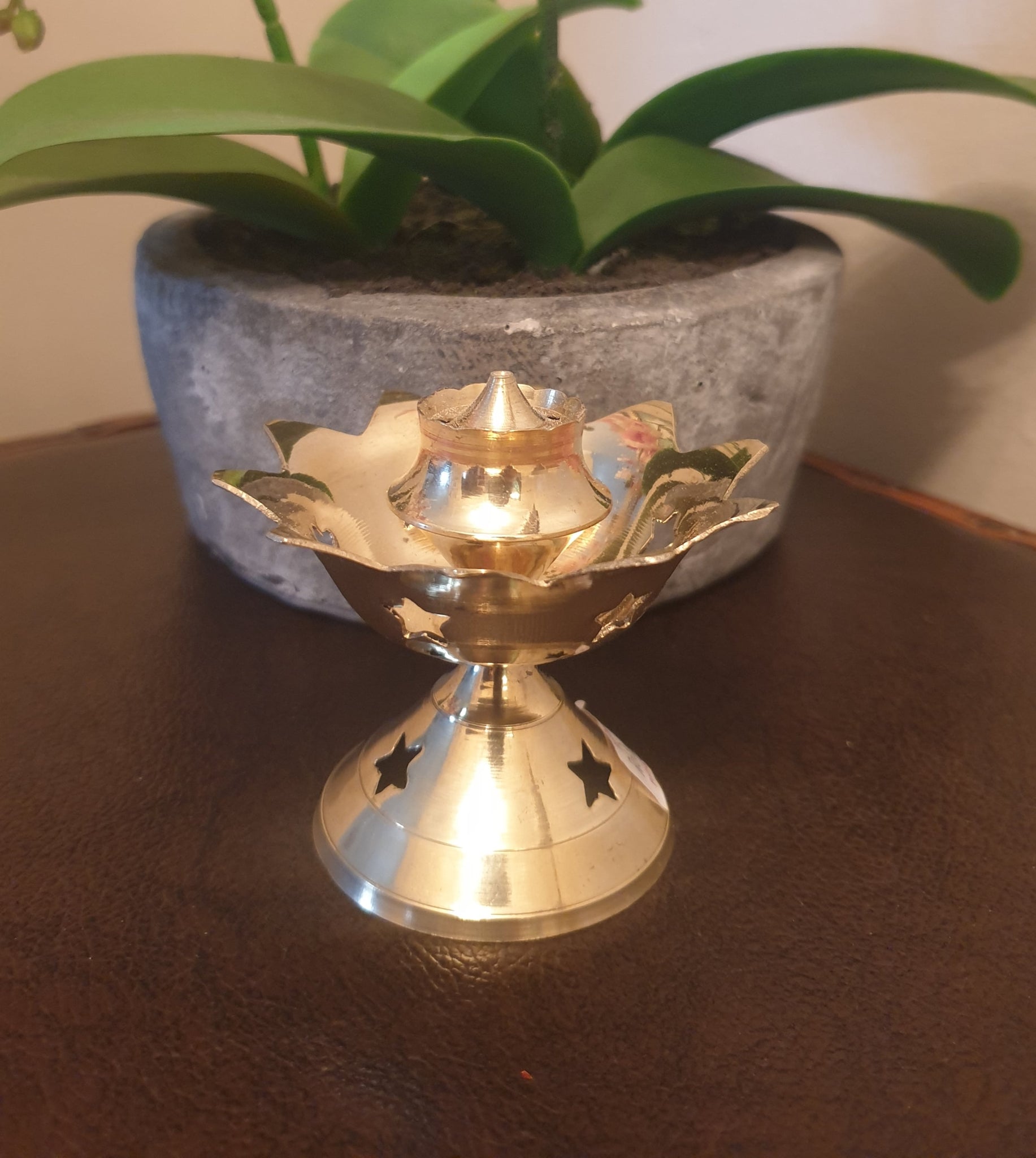 Large Brass Lotus Incense Holder with Stars