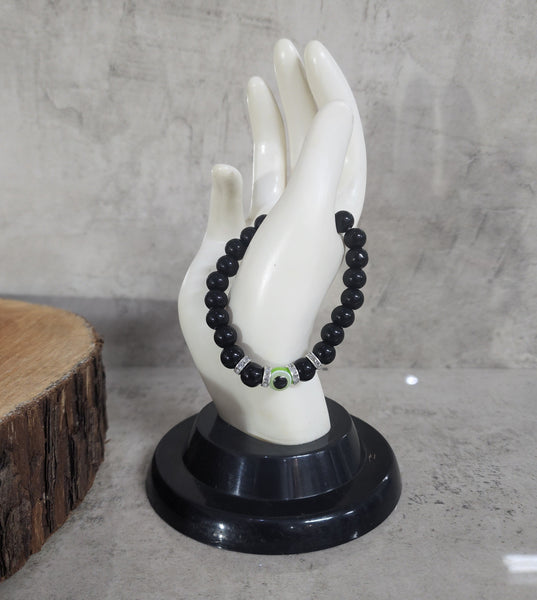 Black Bead Bracelet with Evil Eye - Green