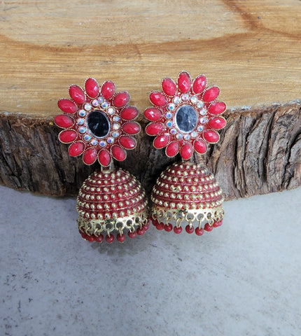 Red and Gold Jhumka (Earring) - Design 3