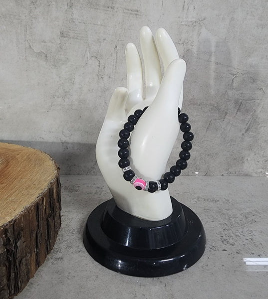 Black Bead Bracelet with Evil Eye - Pink