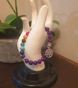 Purple Agate 7 Chakra Bracelet with Tree of Life